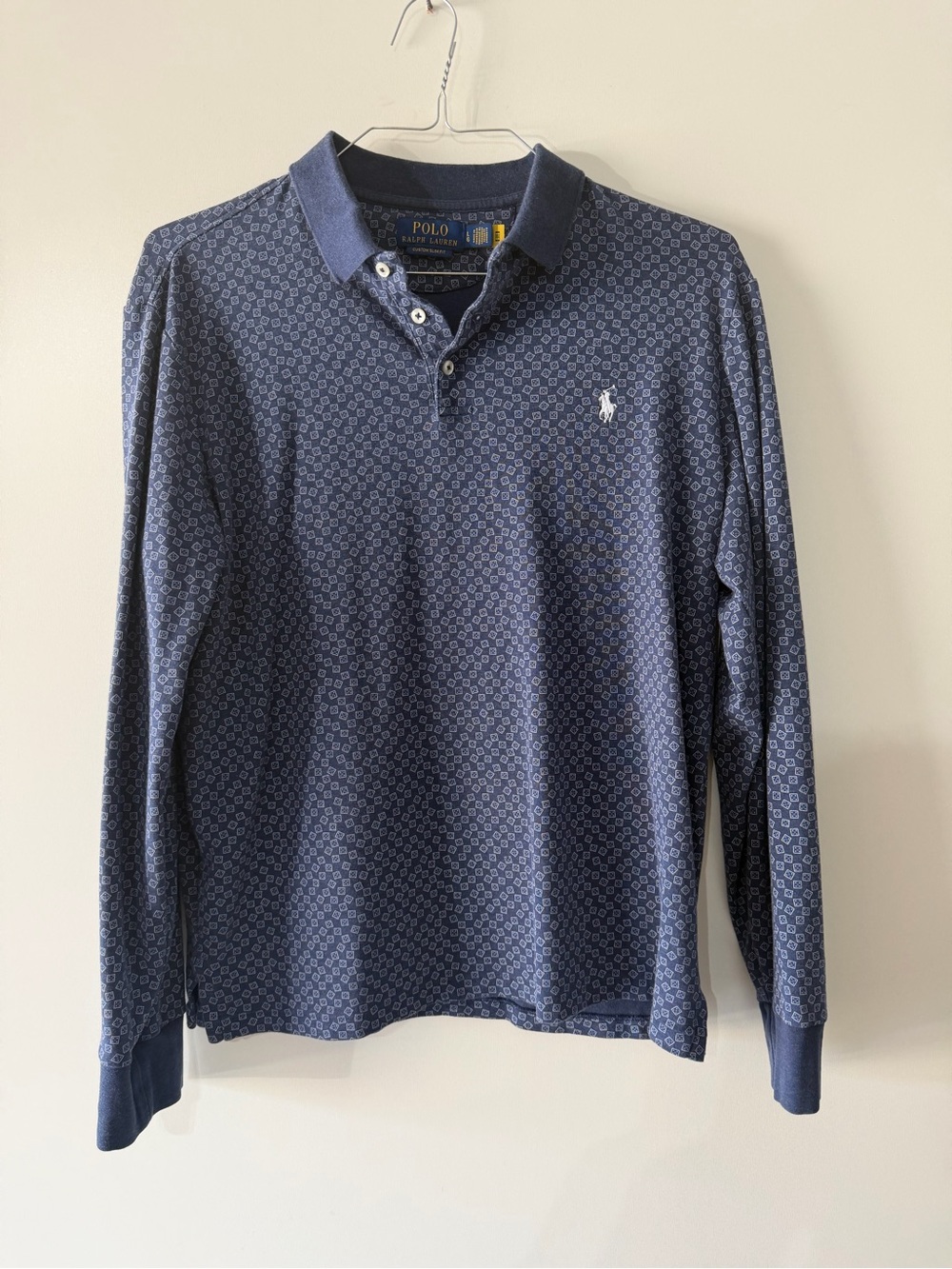 Ralph Lauren Navy Long-Sleeve Polo with Micro Geometric Print